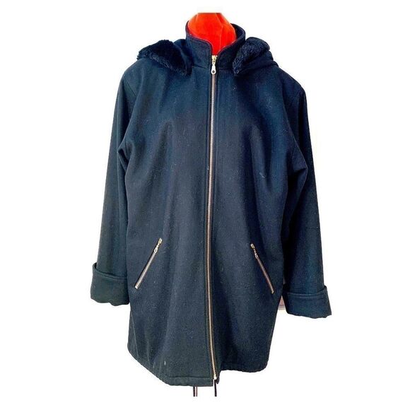 BLACK HERMAN KAY CAR COAT HOOD w FAUX FUR SIZE 8 - Picture 1 of 8